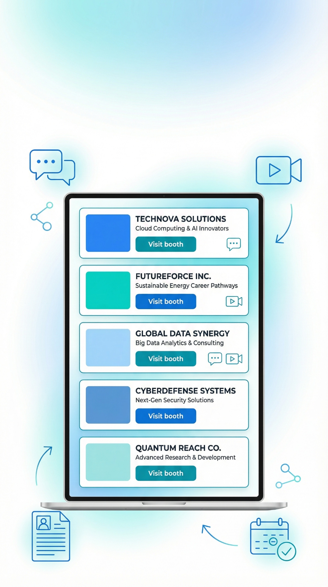 EasyVirtualFair platform employer booths list with Visit Booth buttons